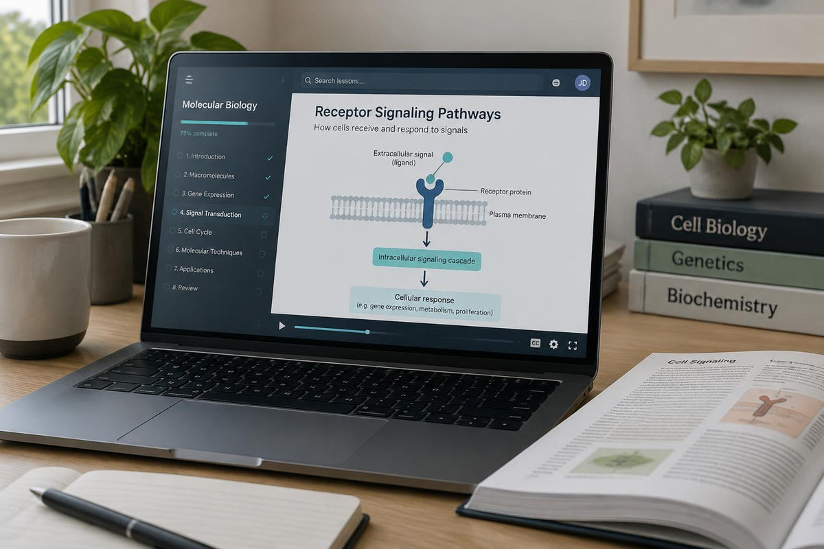 Peptide Essentials course on laptop, tablet and printed guides